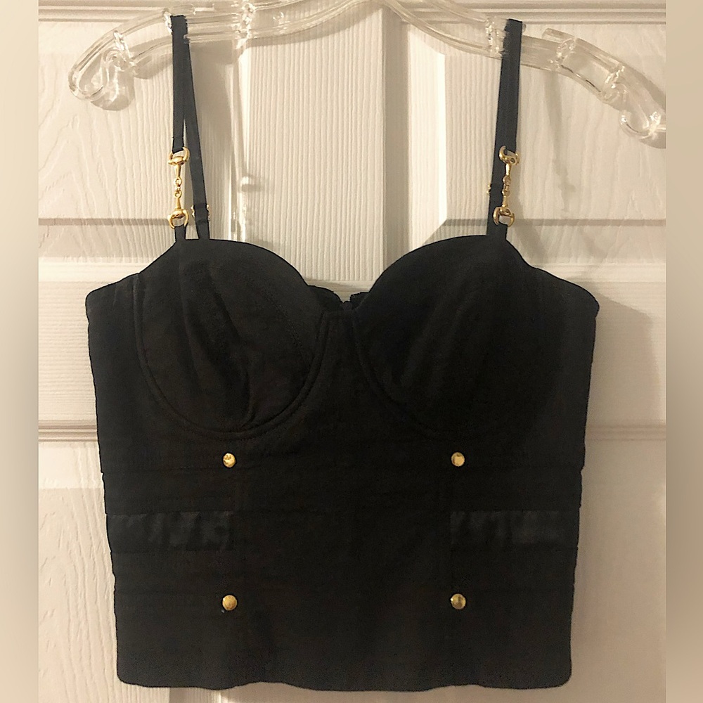 bebe Black Bustier Crop Top with Gold Hardware
